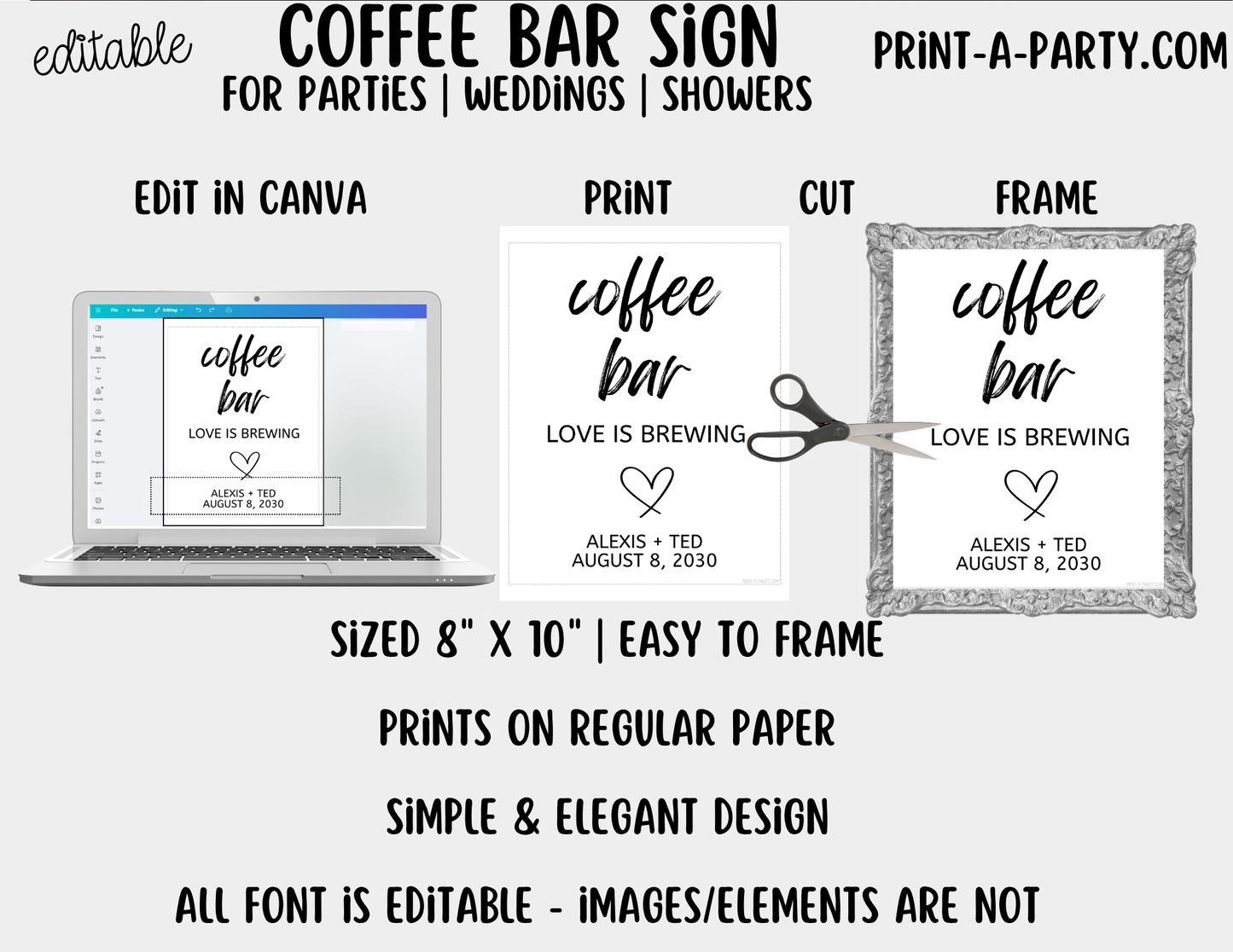 Editable Coffee Bar Sign (8x10) Love is Brewing – Canva Printable Template