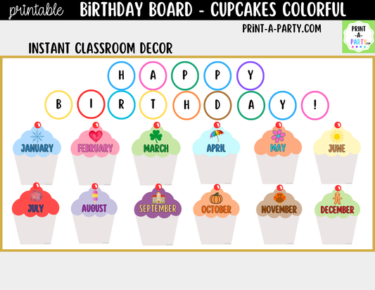 Birthday Bulletin Board Printable Display - Monthly Cupcake Theme for Classroom Decor