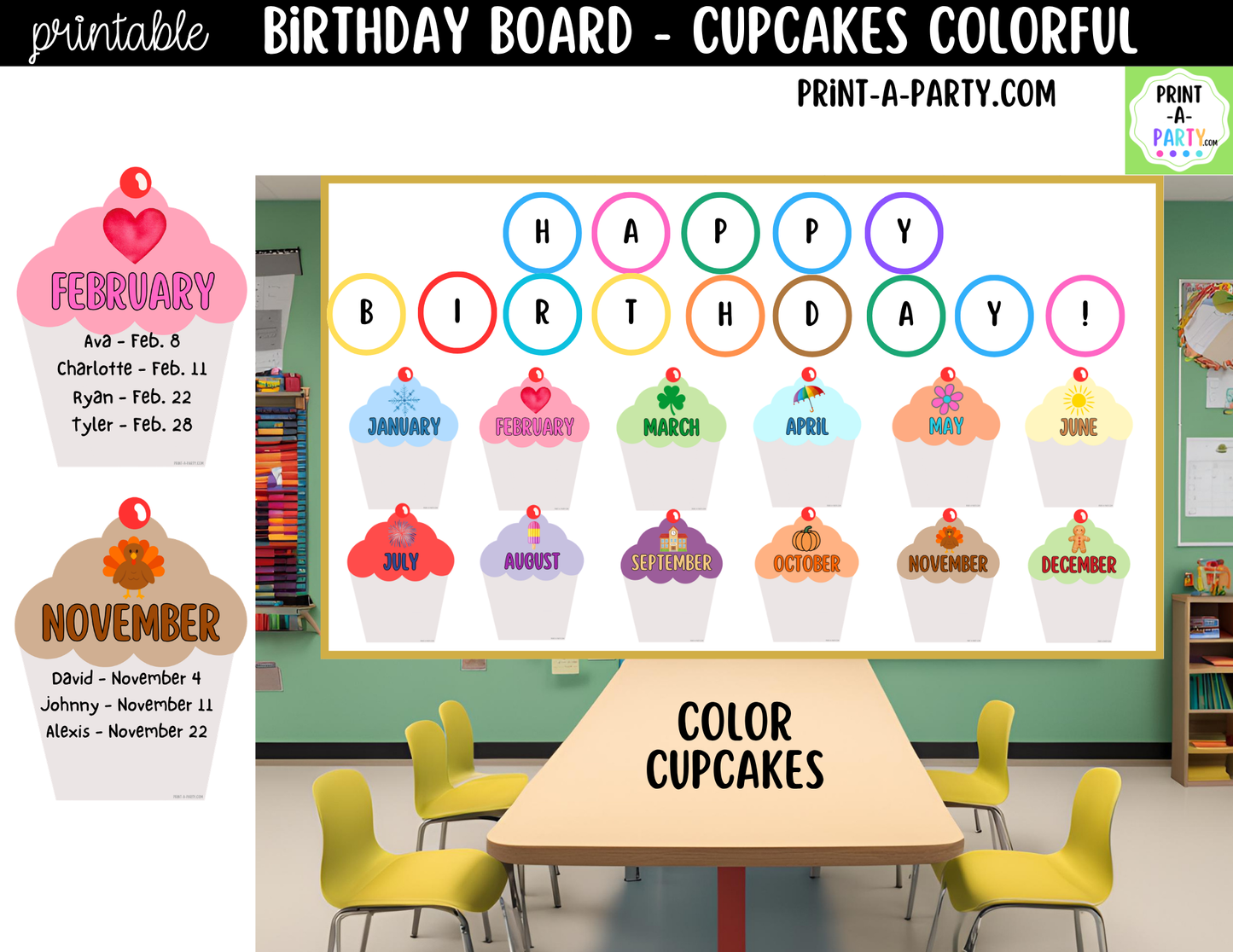 Birthday Bulletin Board Printable Display - Monthly Cupcake Theme for Classroom Decor