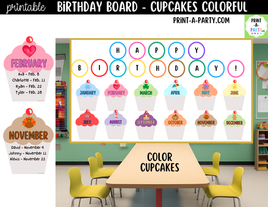 Birthday Bulletin Board Printable Display - Monthly Cupcake Theme for Classroom Decor