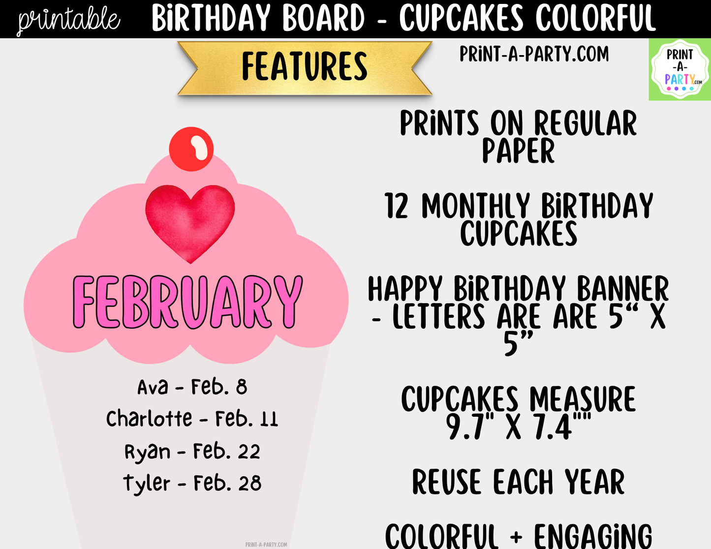 Birthday Bulletin Board Printable Display - Monthly Cupcake Theme for Classroom Decor