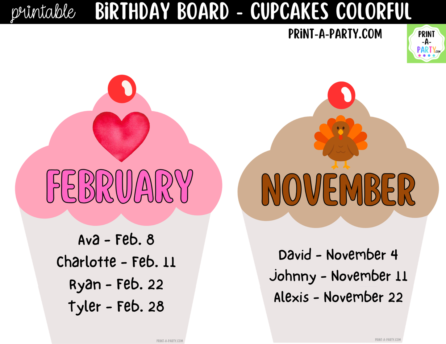 Birthday Bulletin Board Printable Display - Monthly Cupcake Theme for Classroom Decor