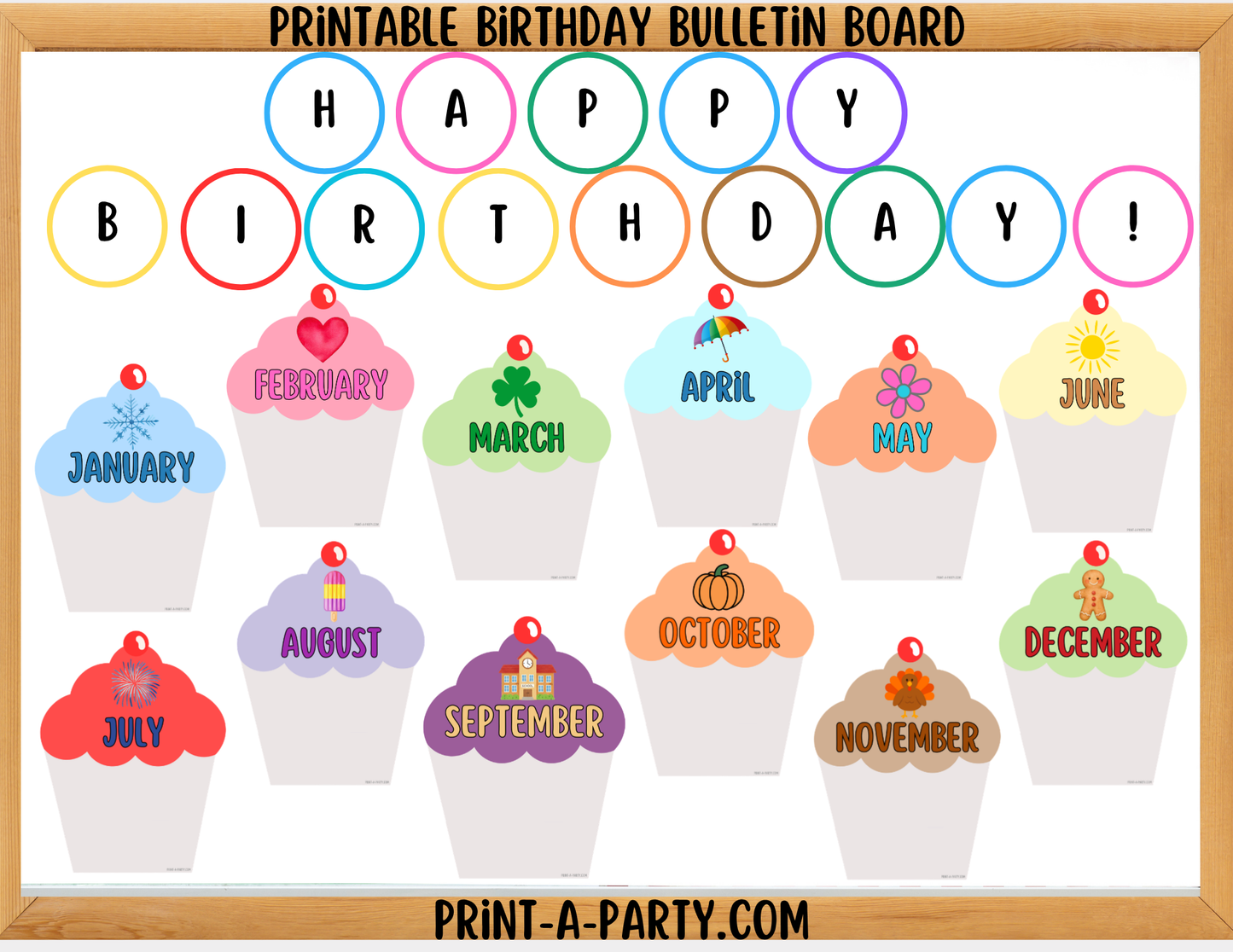 Birthday Bulletin Board Printable Display - Monthly Cupcake Theme for Classroom Decor