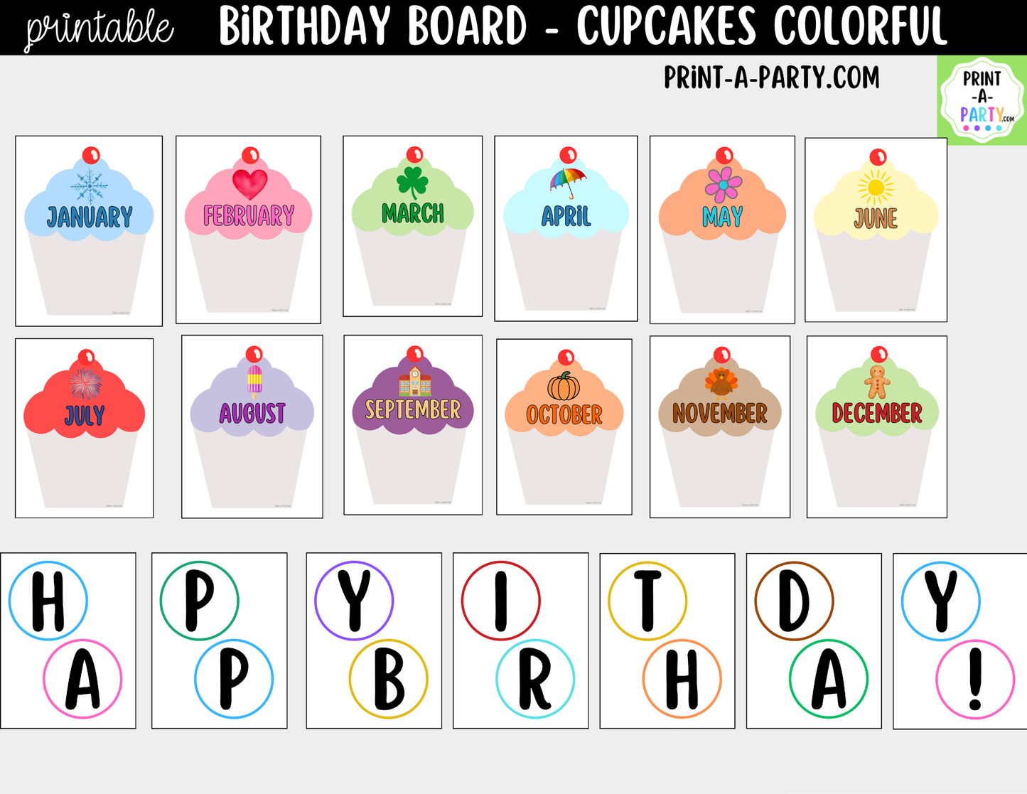 Birthday Bulletin Board Printable Display - Monthly Cupcake Theme for Classroom Decor