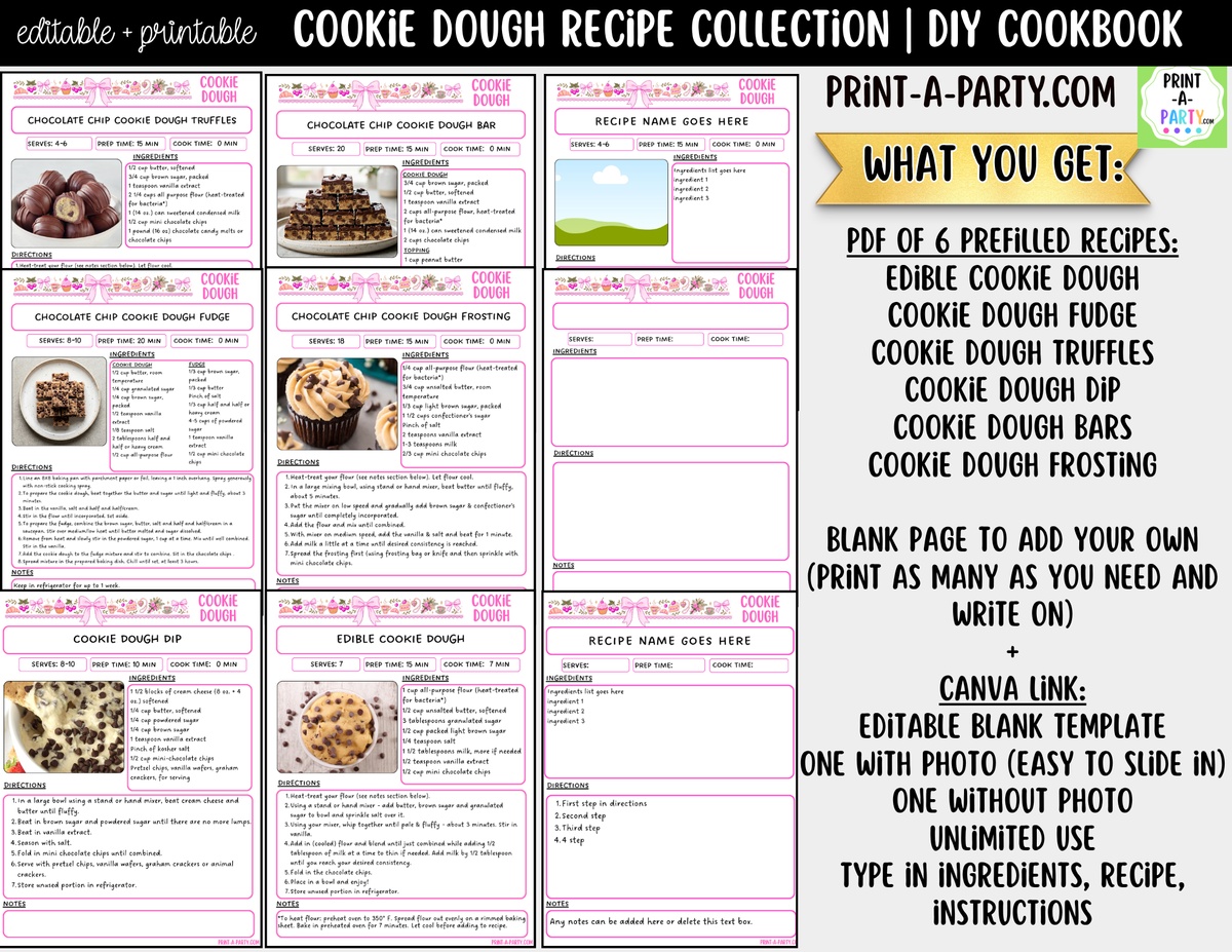 Cookie Dough Recipe Pages Printable & Editable Cookbook Set