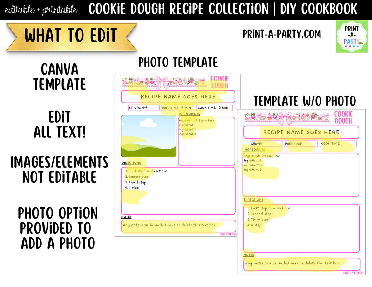 Cookie Dough Recipe Pages Printable & Editable Cookbook Set