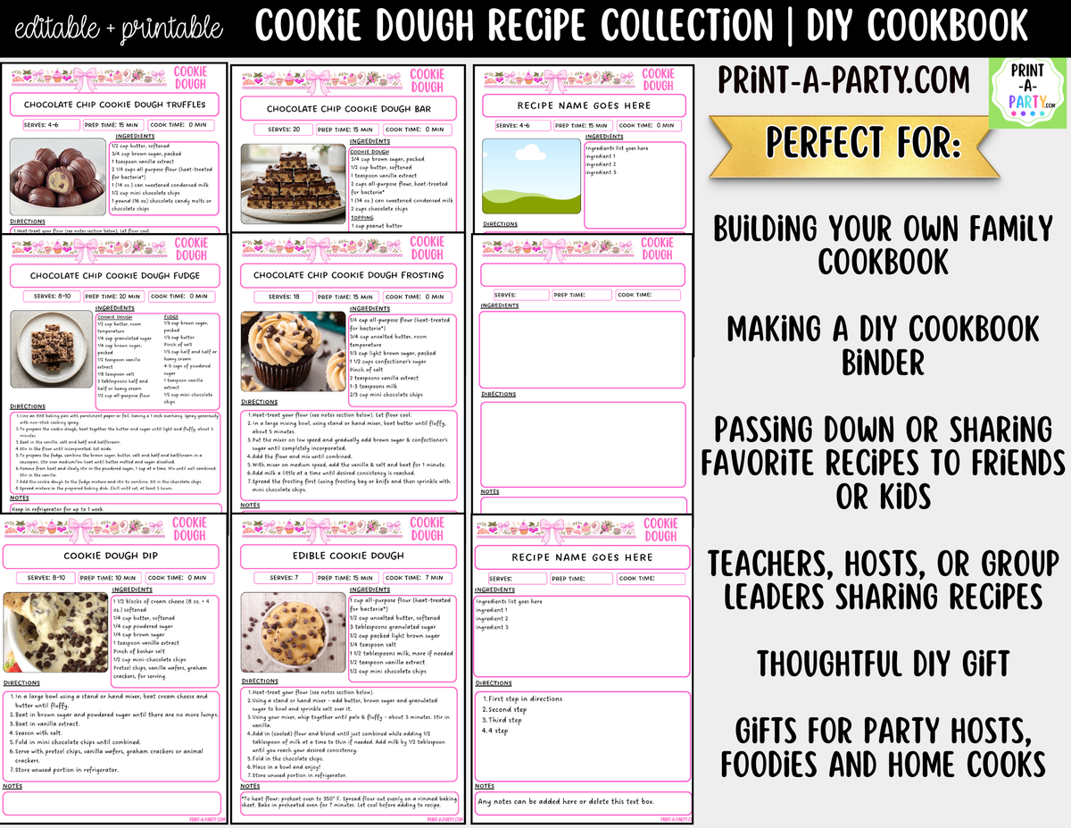 Cookie Dough Recipe Pages Printable & Editable Cookbook Set
