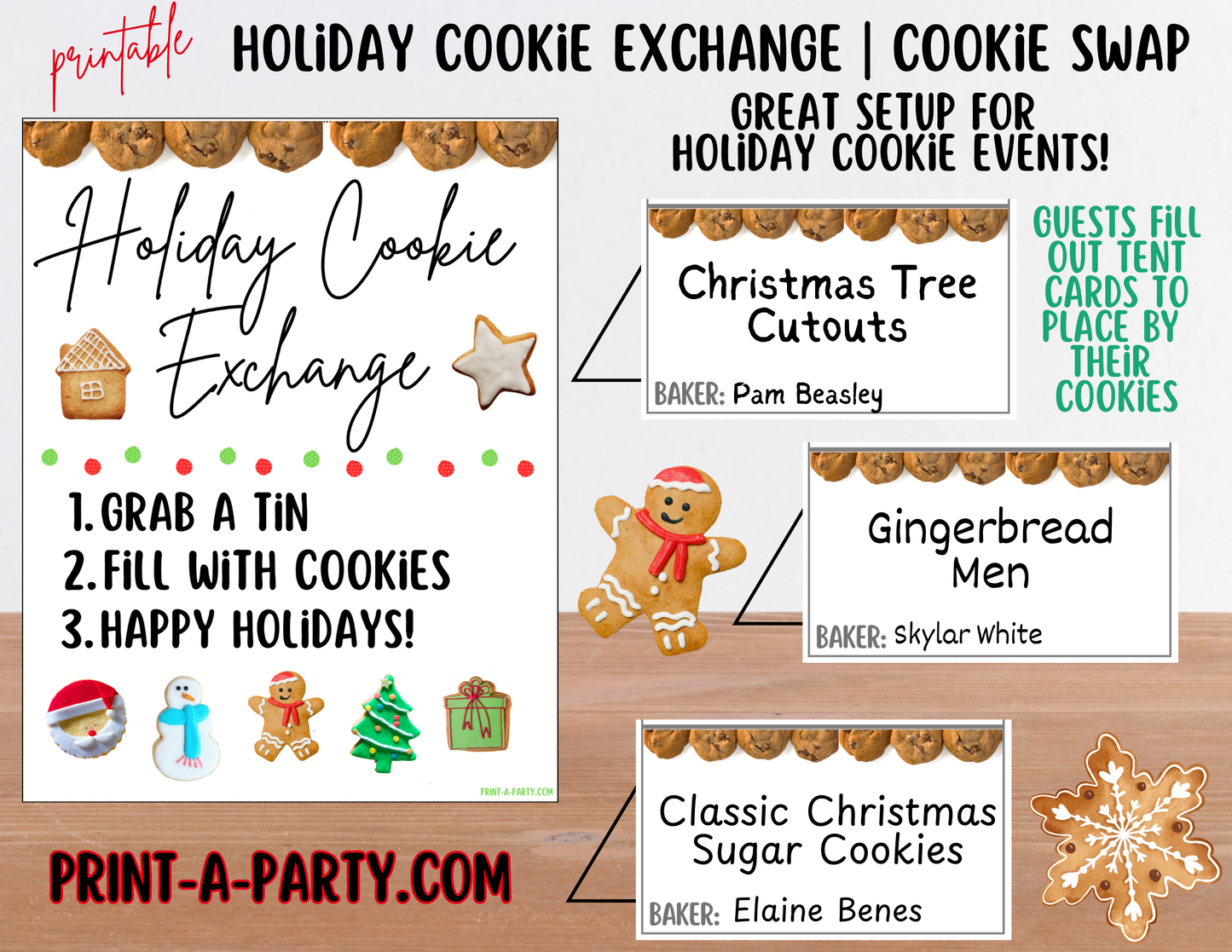 CHRISTMAS HOLIDAY COOKIE EXCHANGE | Holiday Cookie Swap - Sign & Tent Cards - Colorful Cookies | Holiday Party Idea