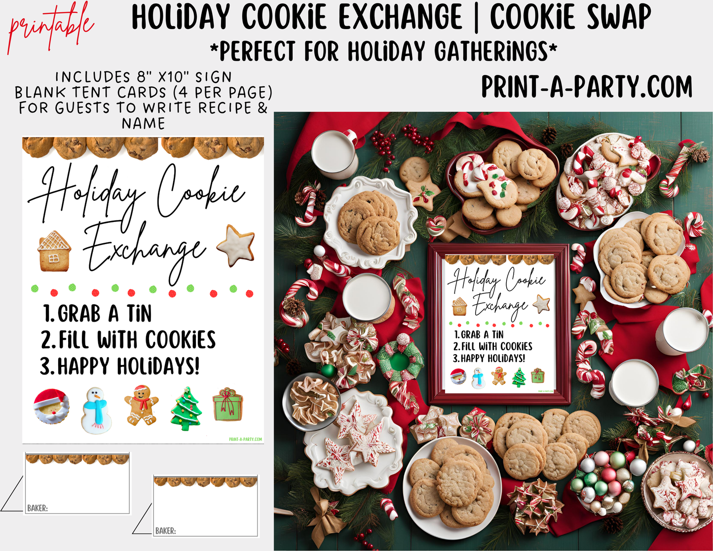 CHRISTMAS HOLIDAY COOKIE EXCHANGE | Holiday Cookie Swap - Sign & Tent Cards - Colorful Cookies | Holiday Party Idea