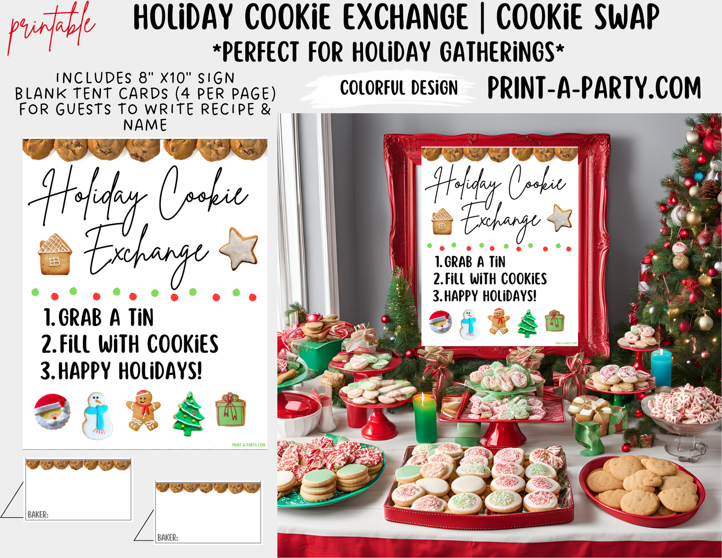 CHRISTMAS HOLIDAY COOKIE EXCHANGE | Holiday Cookie Swap - Sign & Tent Cards - Colorful Cookies | Holiday Party Idea