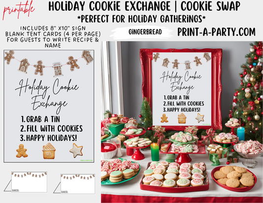 CHRISTMAS HOLIDAY COOKIE EXCHANGE | Holiday Cookie Swap - Sign & Tent Cards - Gingerbread Theme | Holiday Party Idea