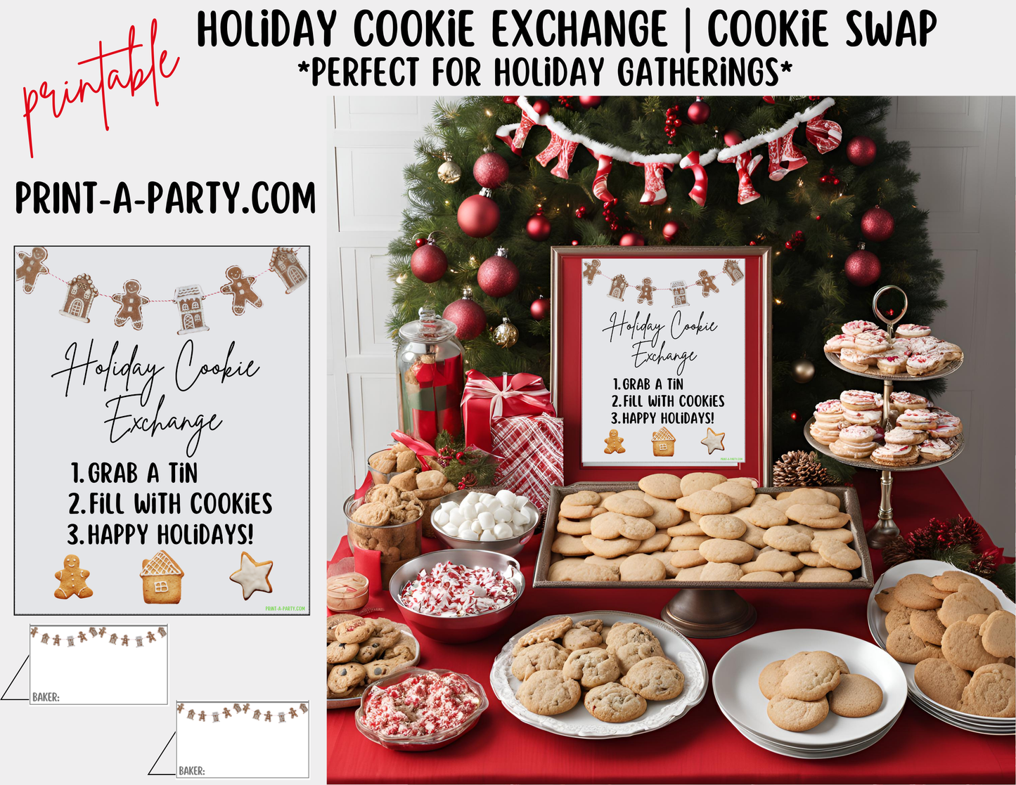 CHRISTMAS HOLIDAY COOKIE EXCHANGE | Holiday Cookie Swap - Sign & Tent Cards - Gingerbread Theme | Holiday Party Idea