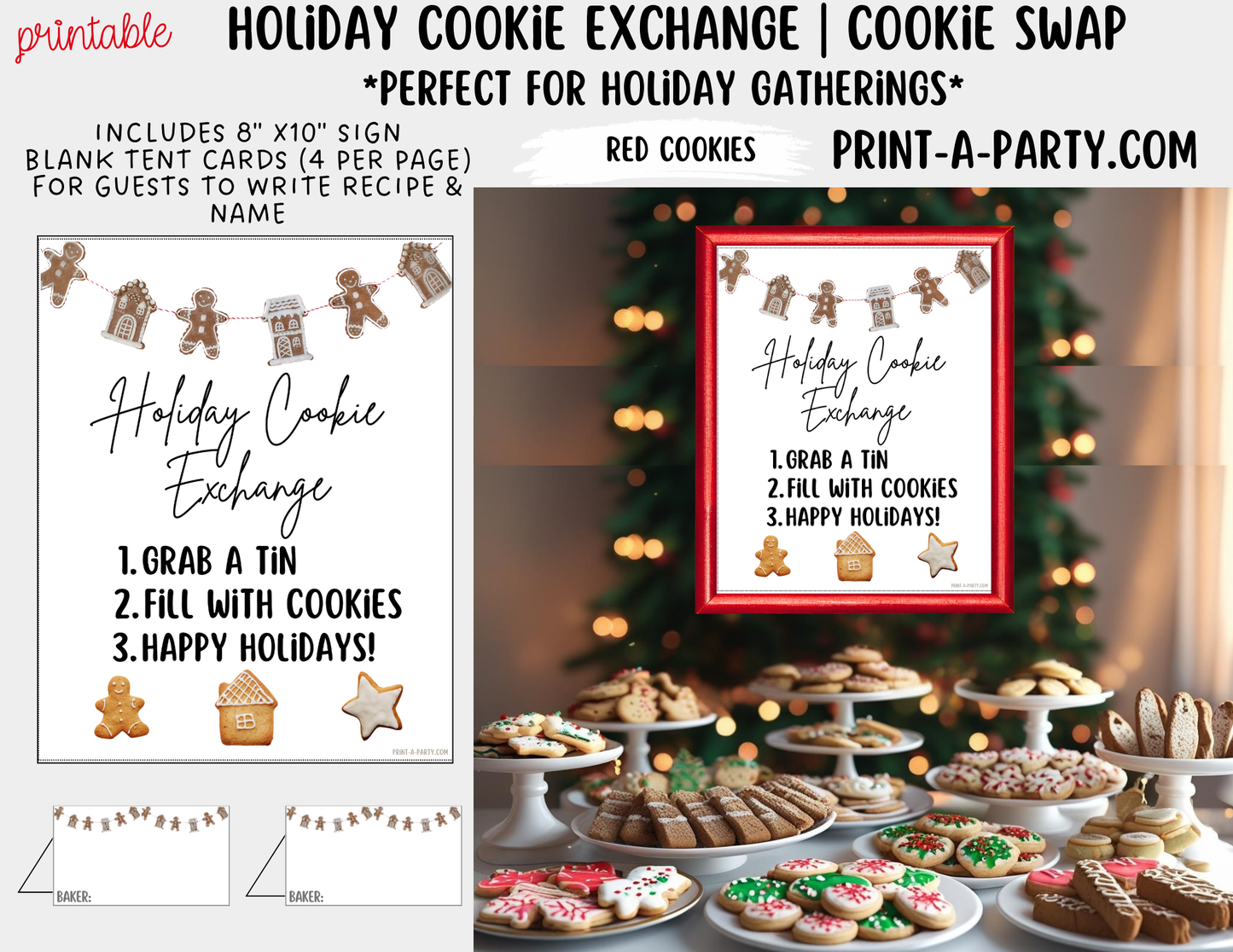 Christmas Holiday Cookie Exchange Printable Kit | 8x10 Cookie Swap Sign + Buffet Tent Cards | Christmas Party Decorations
