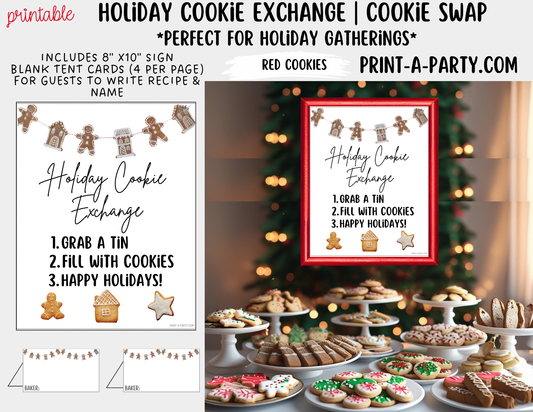 Christmas Holiday Cookie Exchange Printable Kit | 8x10 Cookie Swap Sign + Buffet Tent Cards | Christmas Party Decorations