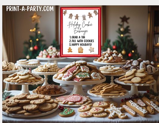 Christmas Holiday Cookie Exchange Printable Kit | 8x10 Cookie Swap Sign + Buffet Tent Cards | Christmas Party Decorations