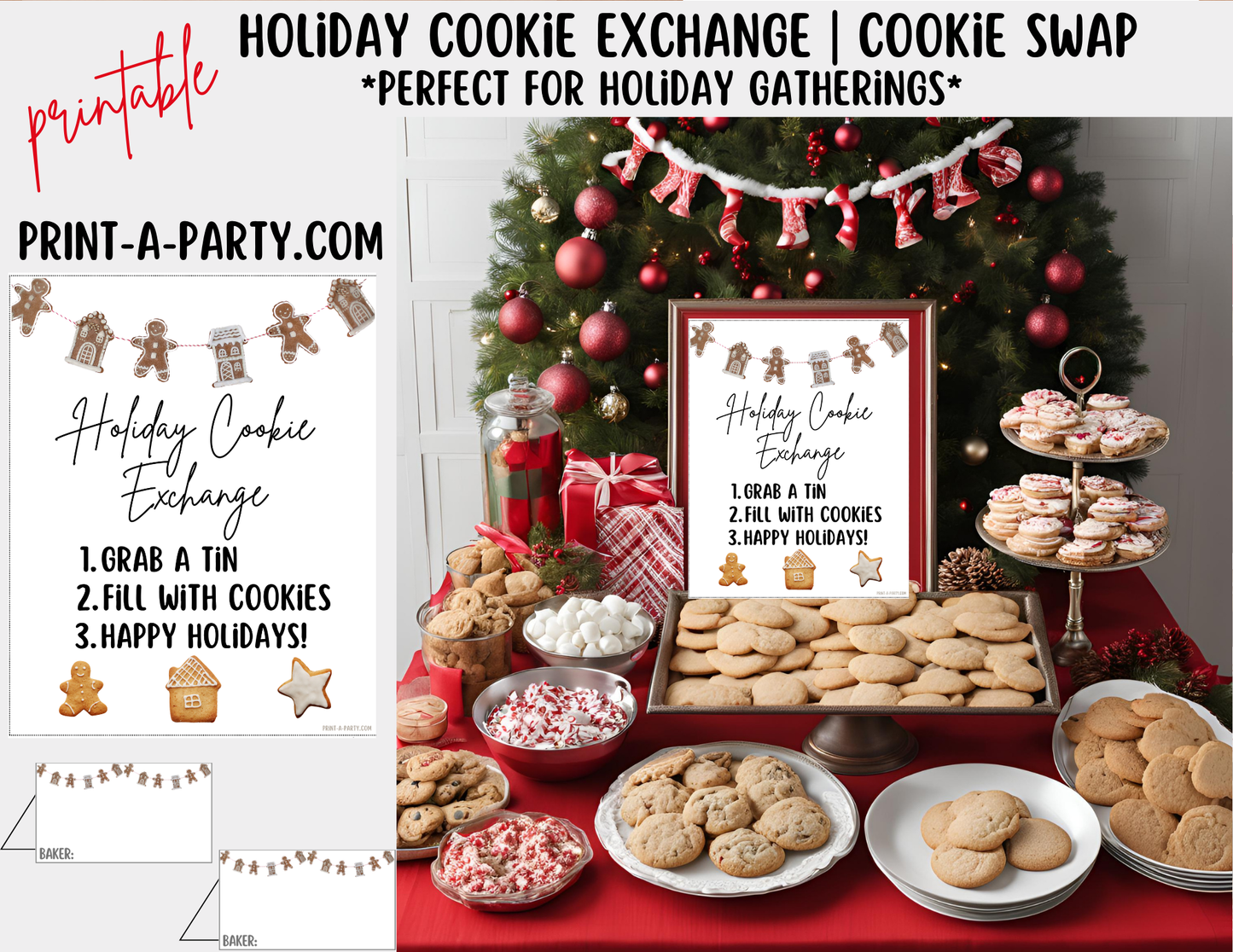 Christmas Holiday Cookie Exchange Printable Kit | 8x10 Cookie Swap Sign + Buffet Tent Cards | Christmas Party Decorations