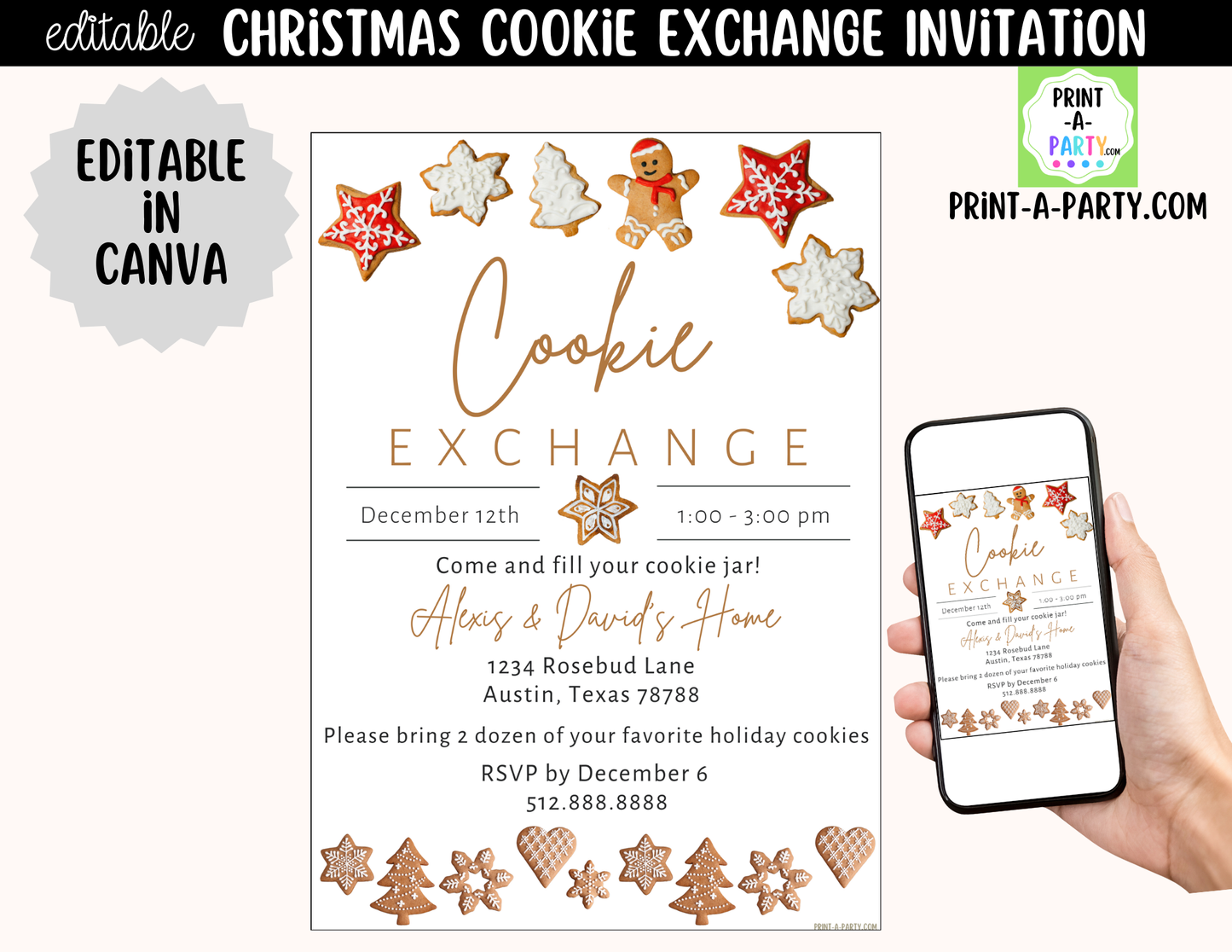 Cookie Exchange Invitation Printable | Editable Canva Christmas Holiday Bake Off Invite