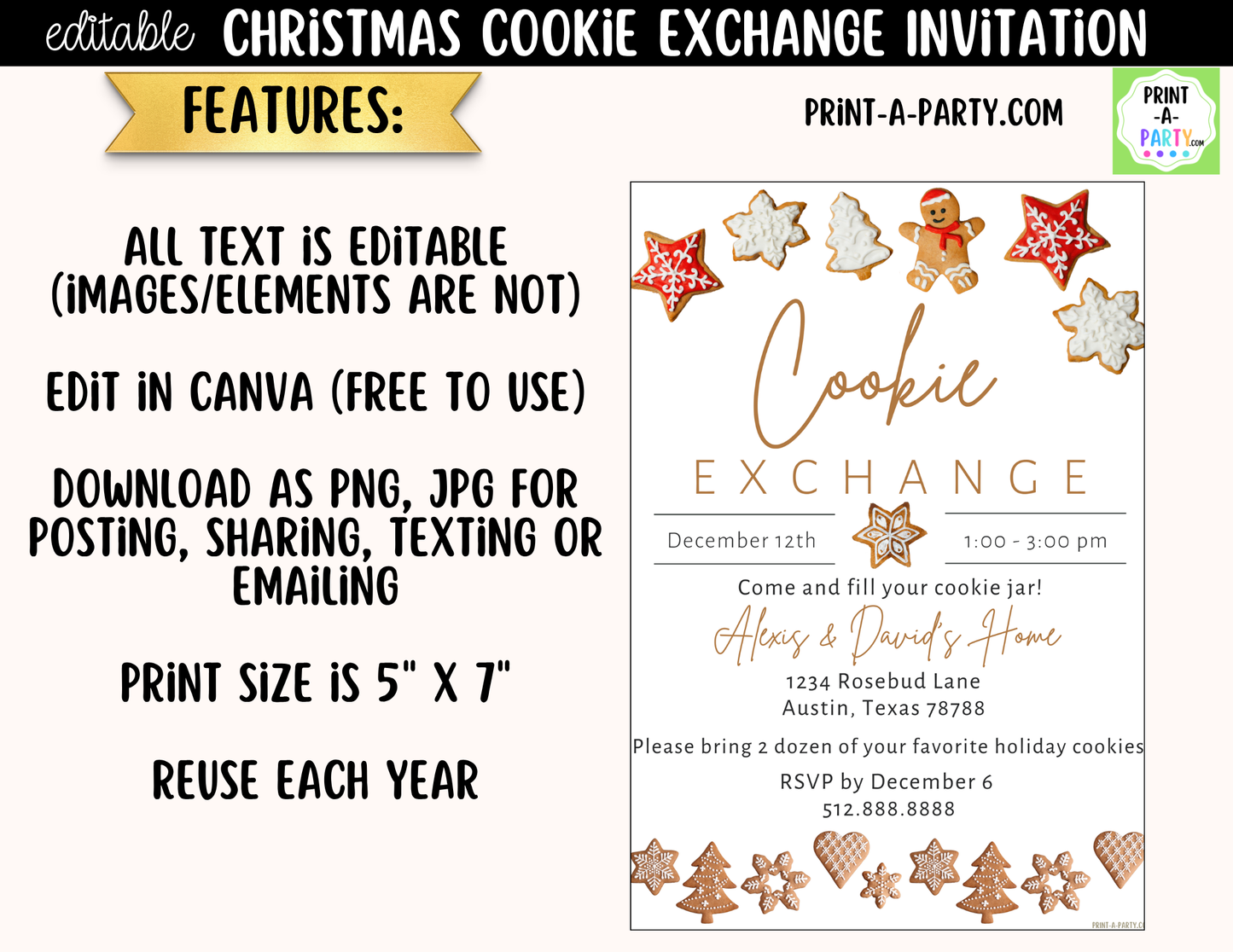 Cookie Exchange Invitation Printable | Editable Canva Christmas Holiday Bake Off Invite