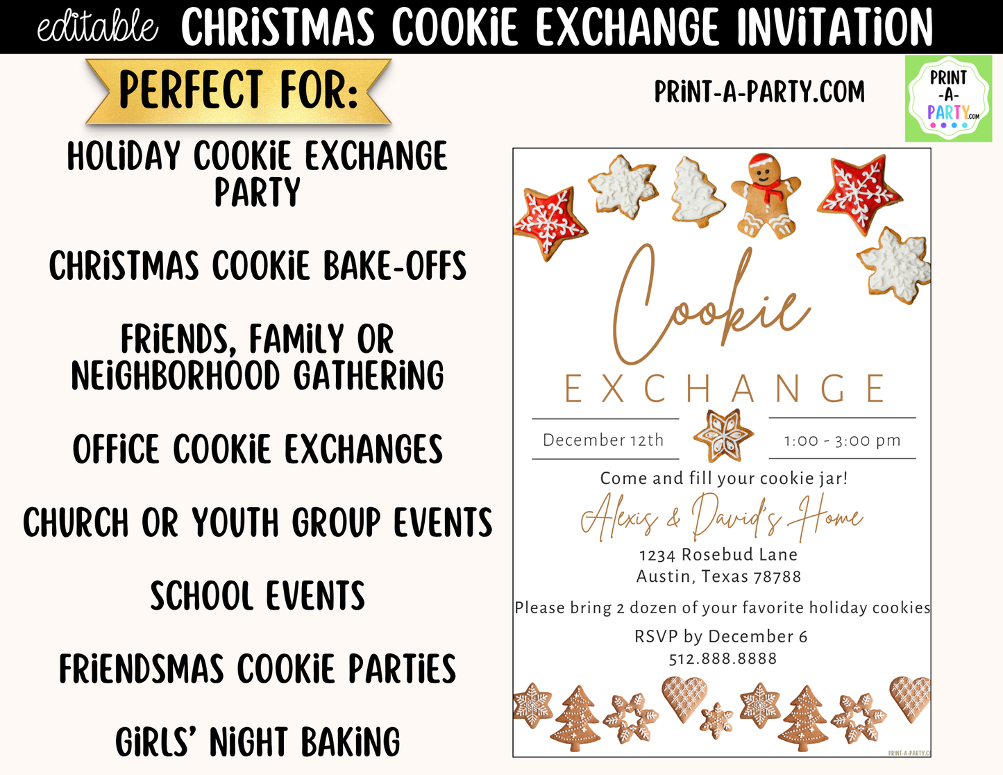 Cookie Exchange Invitation Printable | Editable Canva Christmas Holiday Bake Off Invite