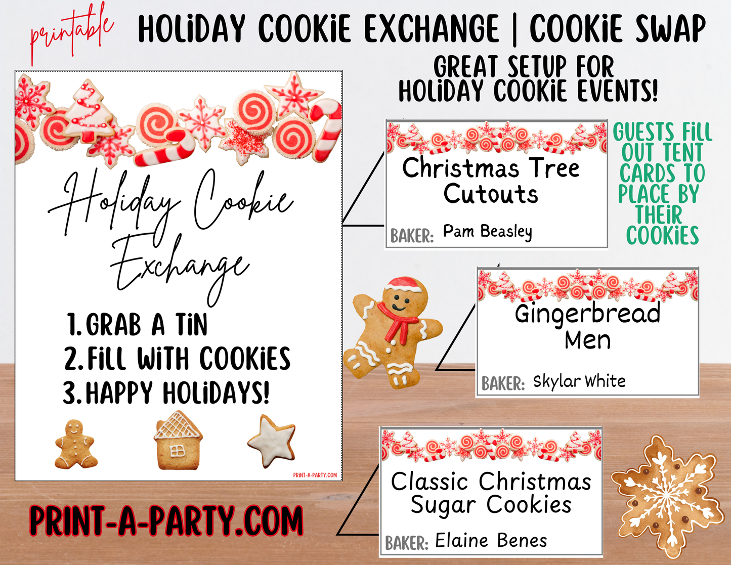 CHRISTMAS HOLIDAY COOKIE EXCHANGE | Holiday Cookie Swap - Sign & Tent Cards - Red Cookie Theme | Holiday Party Idea