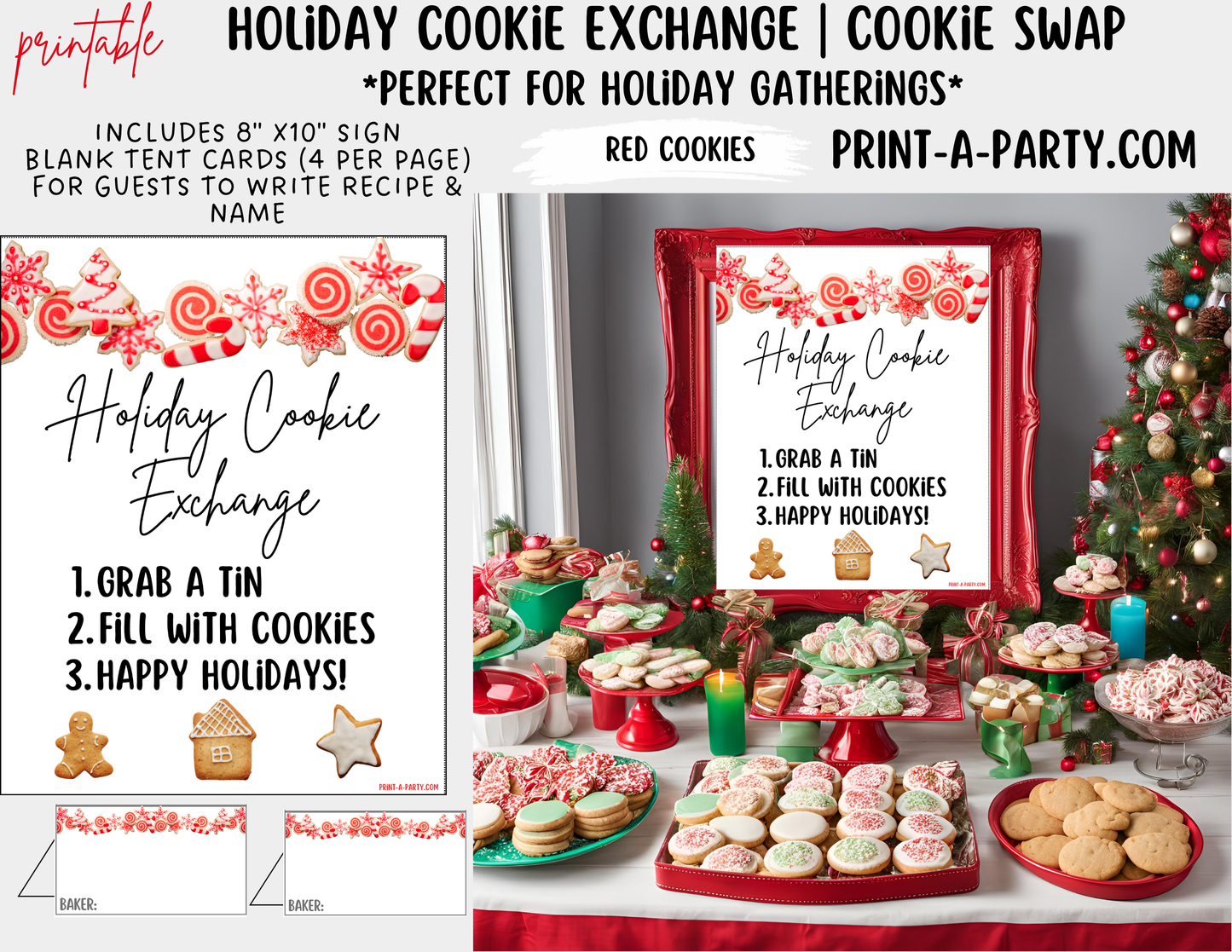 CHRISTMAS HOLIDAY COOKIE EXCHANGE | Holiday Cookie Swap - Sign & Tent Cards - Red Cookie Theme | Holiday Party Idea