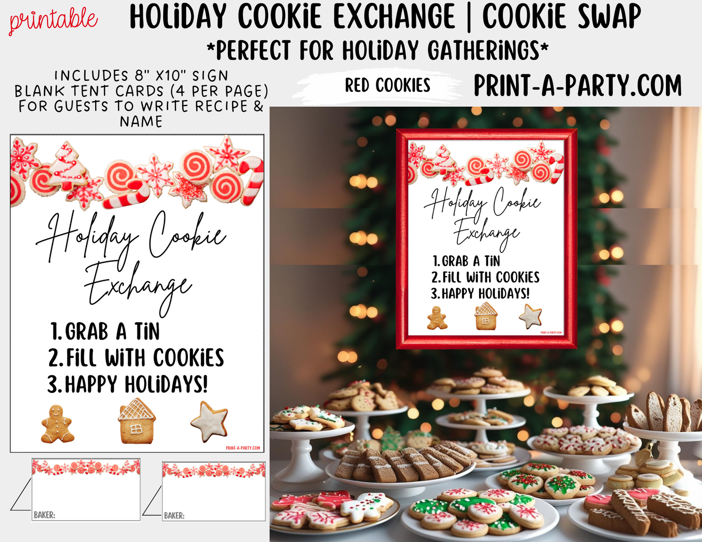 Christmas Holiday Cookie Exchange Printable Kit | 8x10 Cookie Swap Sign + Buffet Tent Cards | Christmas Party Decorations