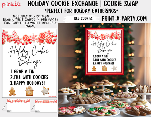 Christmas Holiday Cookie Exchange Printable Kit | 8x10 Cookie Swap Sign + Buffet Tent Cards | Christmas Party Decorations
