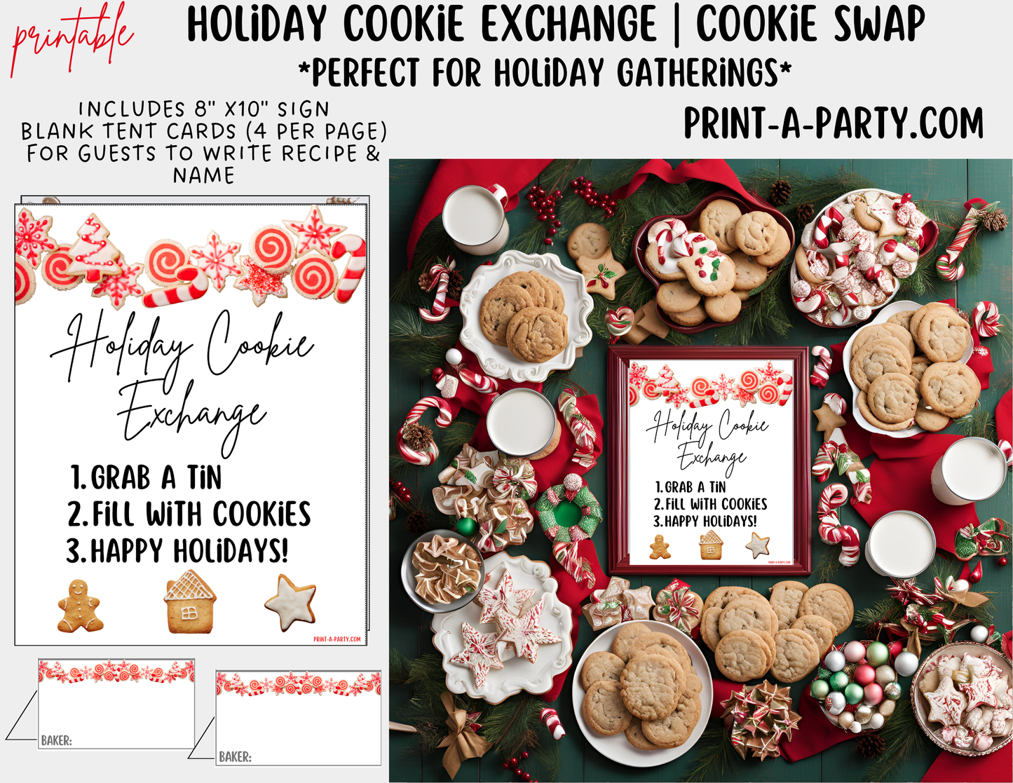 CHRISTMAS HOLIDAY COOKIE EXCHANGE | Holiday Cookie Swap - Sign & Tent Cards - Red Cookie Theme | Holiday Party Idea