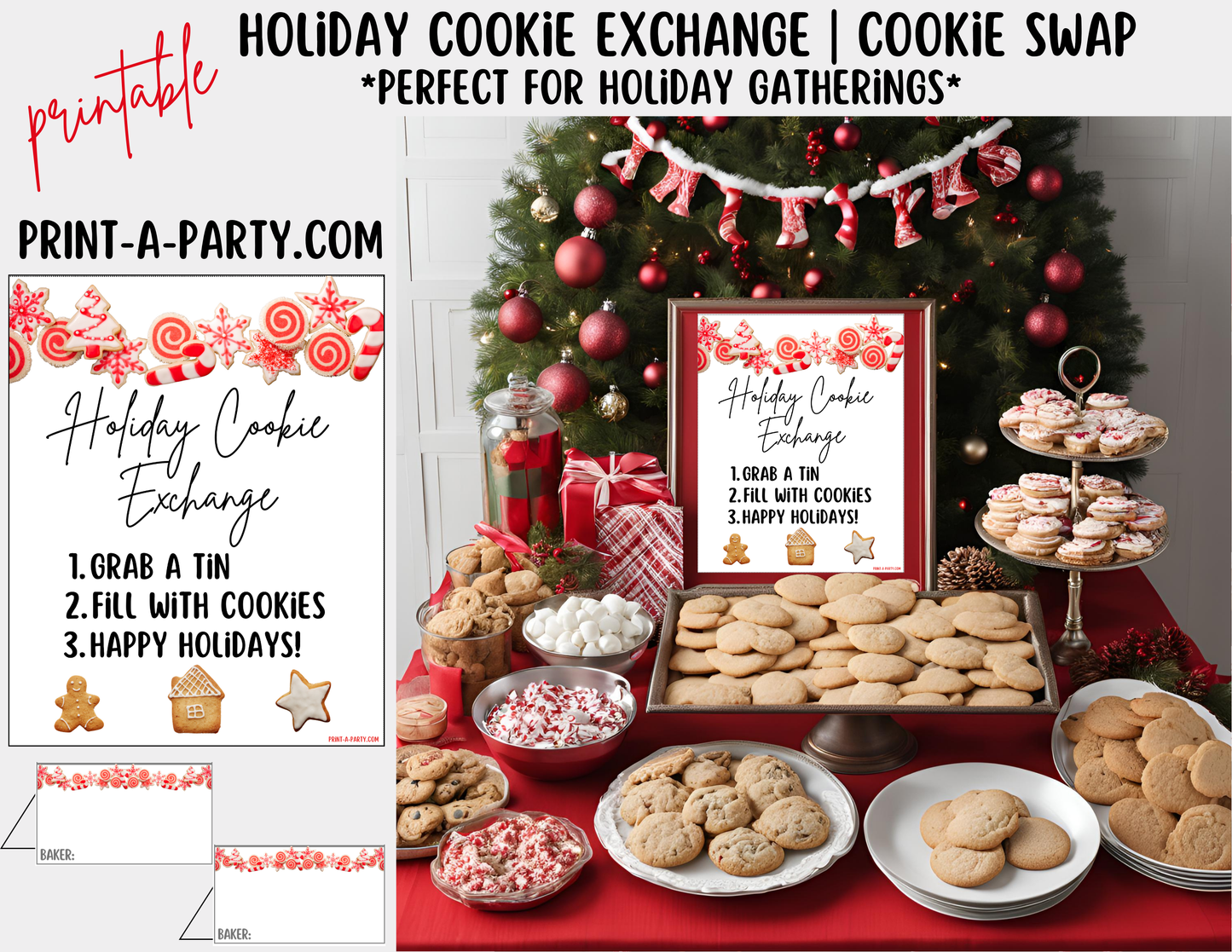 CHRISTMAS HOLIDAY COOKIE EXCHANGE | Holiday Cookie Swap - Sign & Tent Cards - Red Cookie Theme | Holiday Party Idea