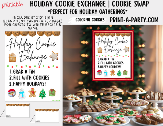 Christmas Holiday Cookie Exchange Printable Kit | 8x10 Cookie Swap Sign + Buffet Tent Cards | Christmas Party Decorations