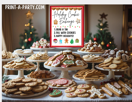 Christmas Holiday Cookie Exchange Printable Kit | 8x10 Cookie Swap Sign + Buffet Tent Cards | Christmas Party Decorations