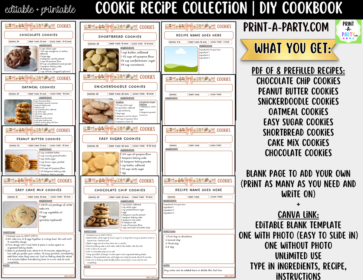 Cookie Recipe Pages Printable & Editable Cookbook Set