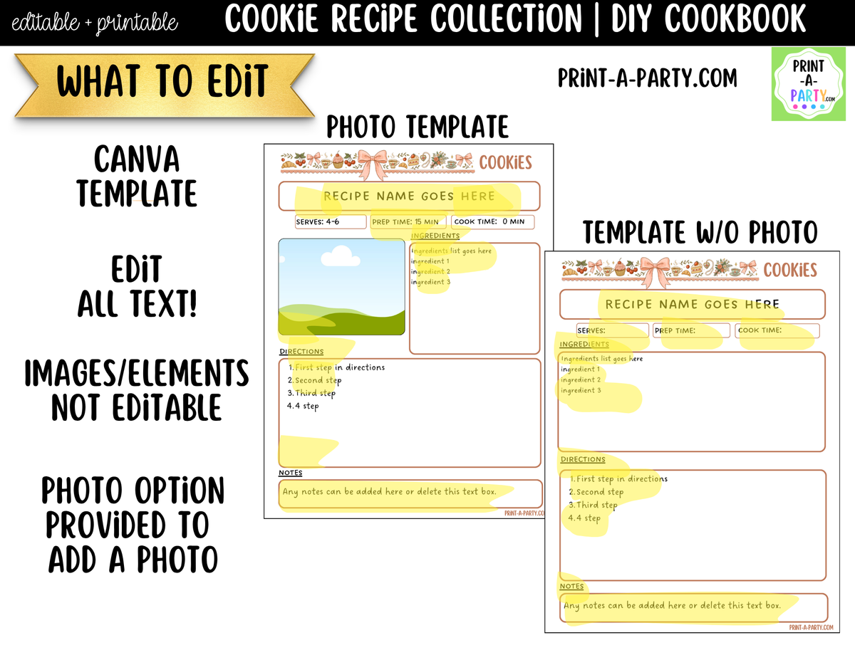 Cookie Recipe Pages Printable & Editable Cookbook Set