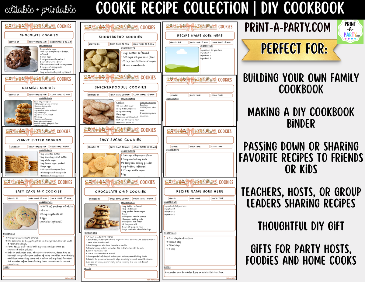Cookie Recipe Pages Printable & Editable Cookbook Set