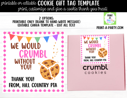 Crumbl Cookie Gift Tags – Printable or Editable Cookie Tags (3" x 3", 6 Per Page)
