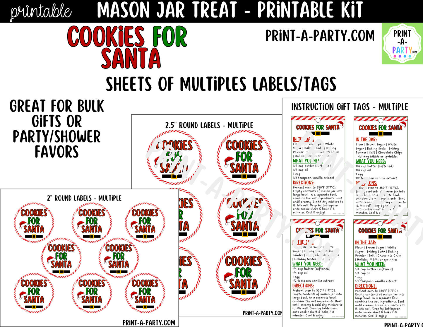 Cookies for Santa in a Mason Jar Gift Printable Kit - Labels, Tag, Recipe & Instructions