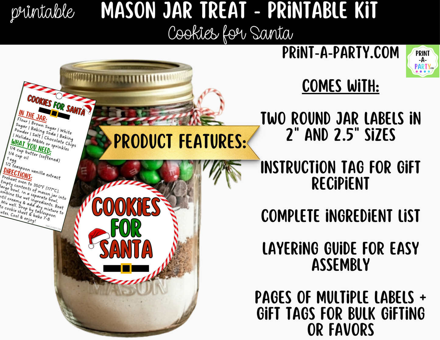 Cookies for Santa in a Mason Jar Gift Printable Kit - Labels, Tag, Recipe & Instructions