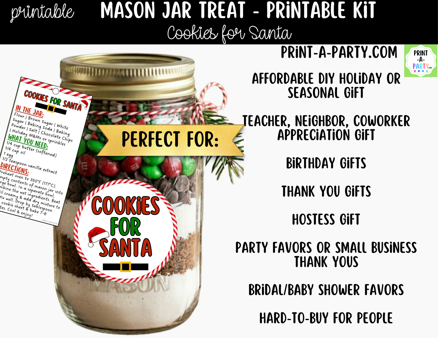 Cookies for Santa in a Mason Jar Gift Printable Kit - Labels, Tag, Recipe & Instructions
