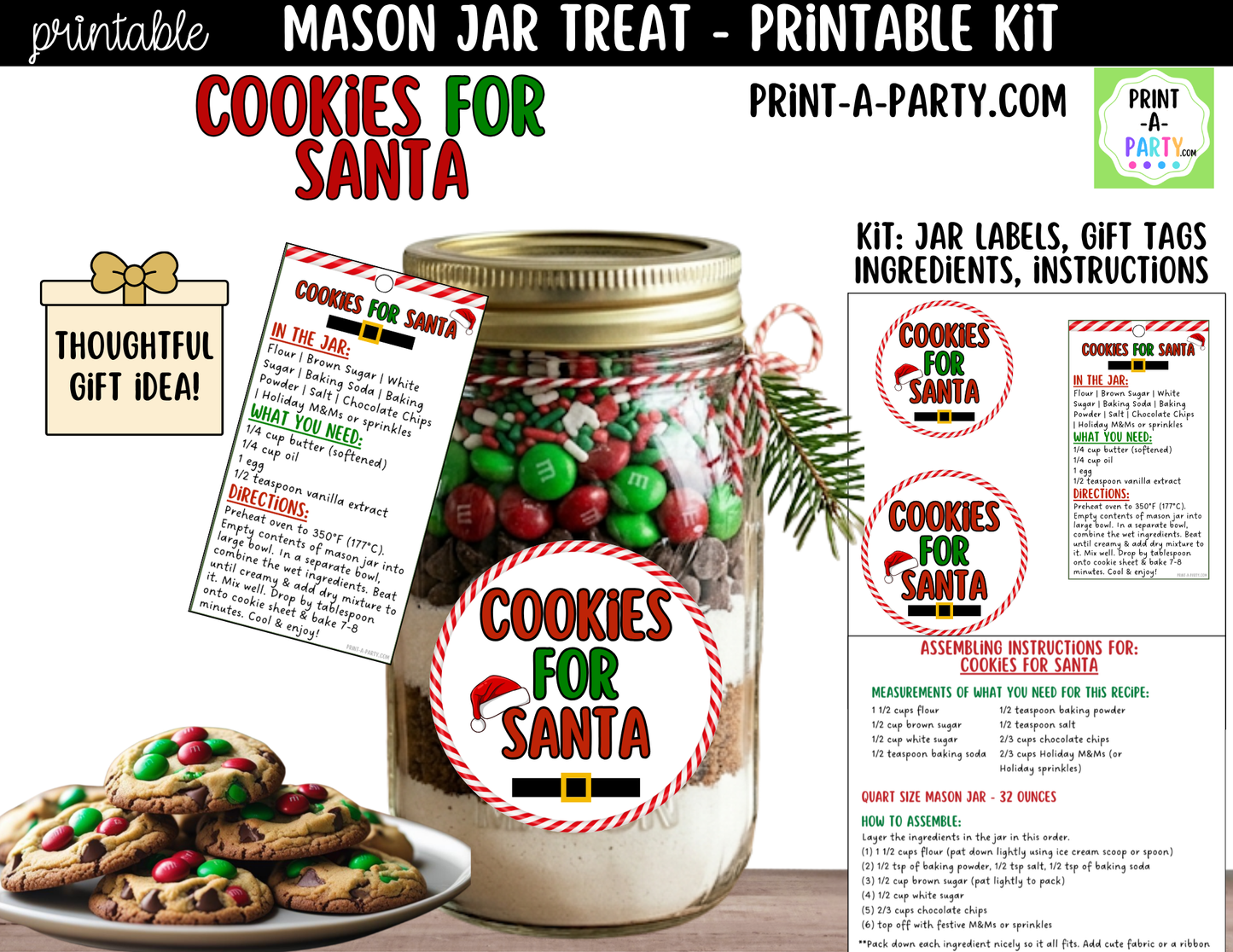 Cookies for Santa in a Mason Jar Gift Printable Kit - Labels, Tag, Recipe & Instructions