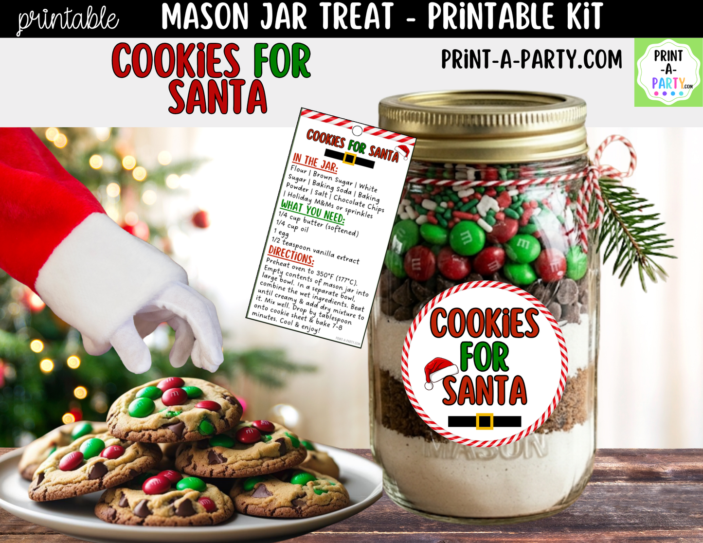 Cookies for Santa in a Mason Jar Gift Printable Kit - Labels, Tag, Recipe & Instructions
