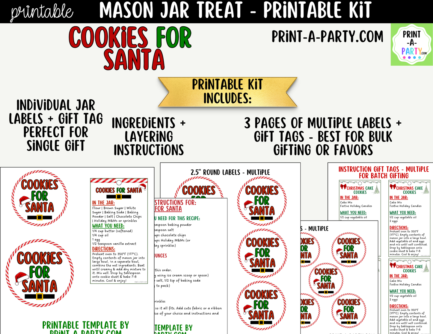 Cookies for Santa in a Mason Jar Gift Printable Kit - Labels, Tag, Recipe & Instructions