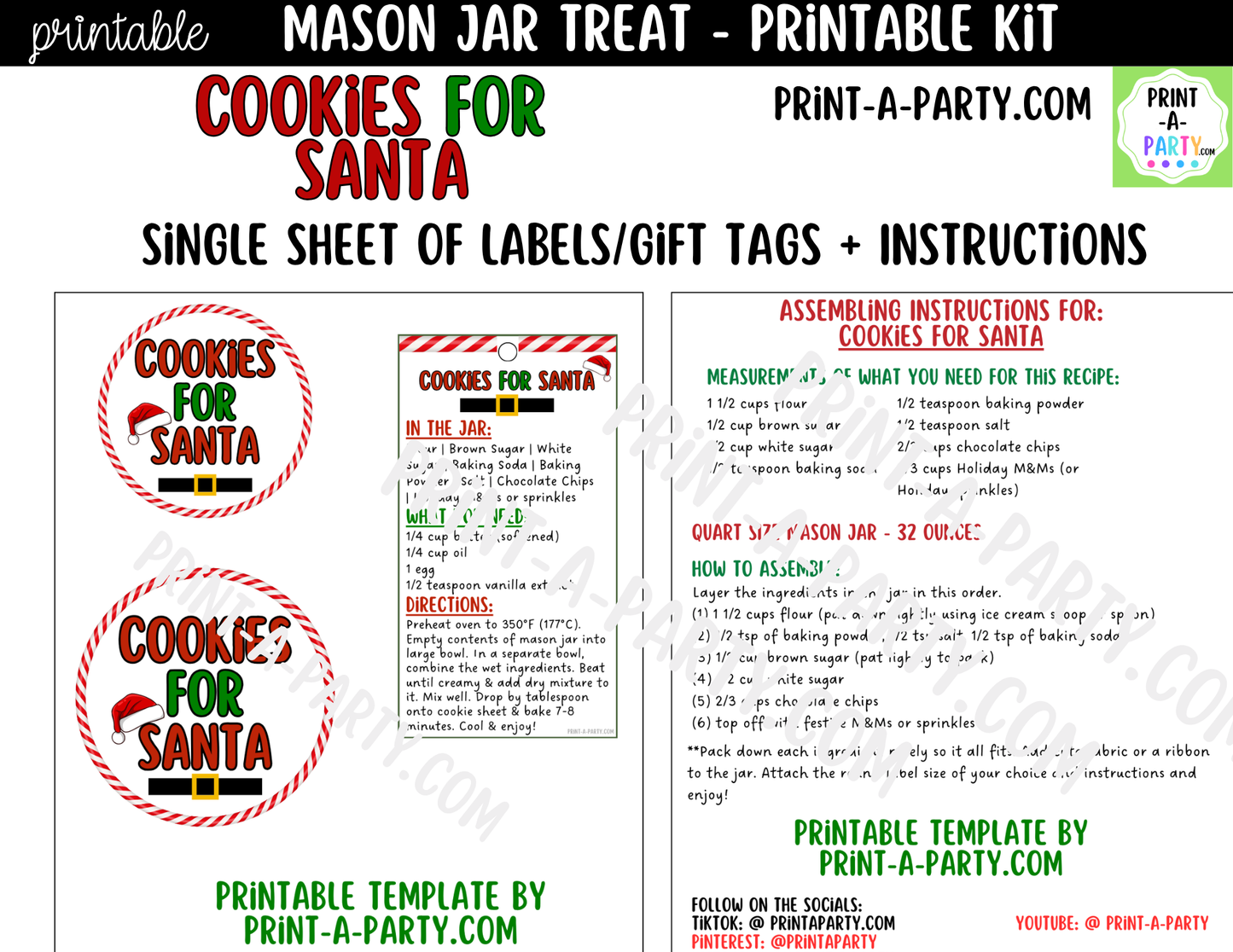 Cookies for Santa in a Mason Jar Gift Printable Kit - Labels, Tag, Recipe & Instructions
