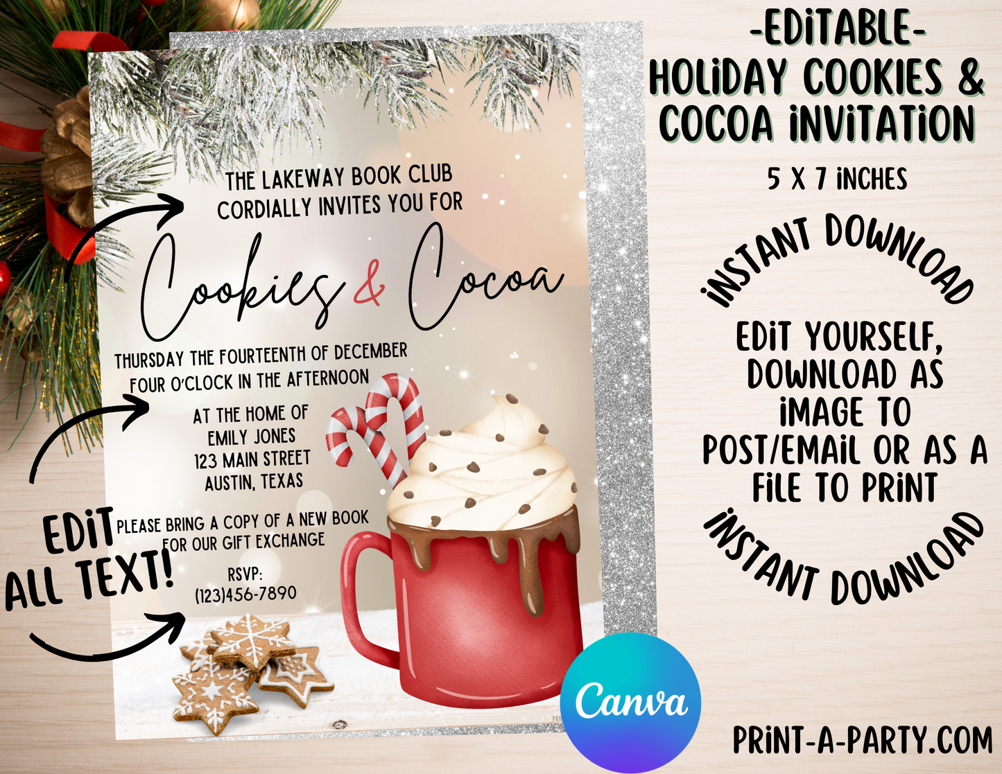 CHRISTMAS EDITABLE INVITATION: HOLIDAY COOKIES & COCOA INVITATION - EDITABLE PRINTABLE | Christmas Party Invite | Hot Chocolate Invite | Hot Cocoa Invite | Christmas Party Customization