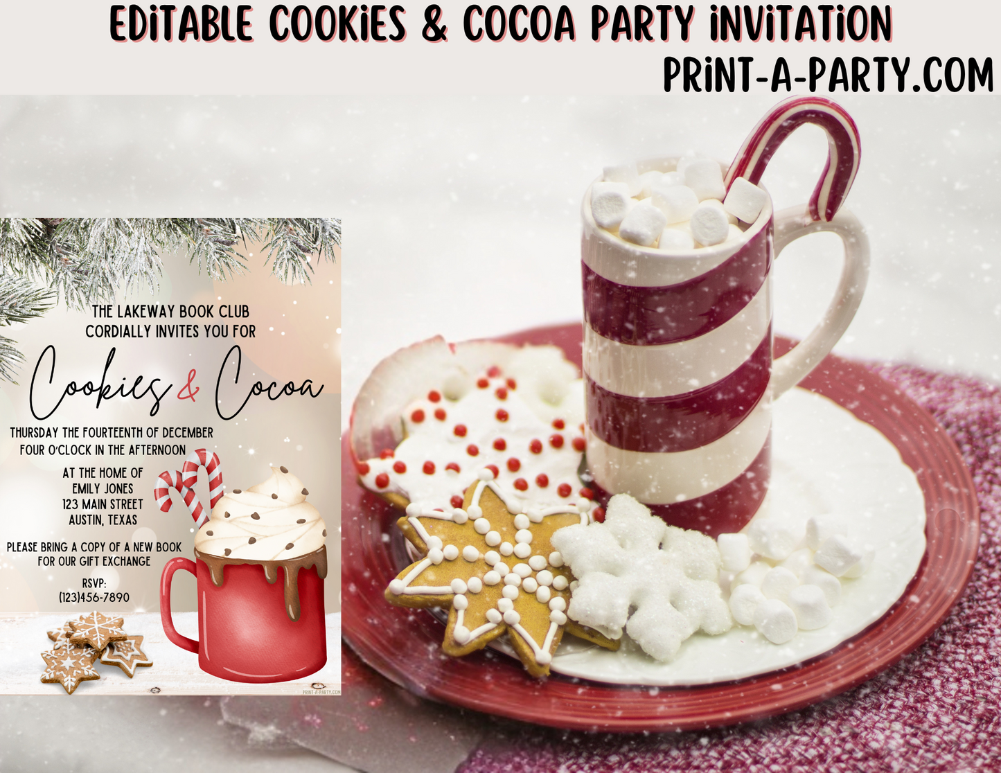 COOKIES & COCOA Editable Christmas Holiday Invite for Friends, Family & Groups, easy to post, share or print