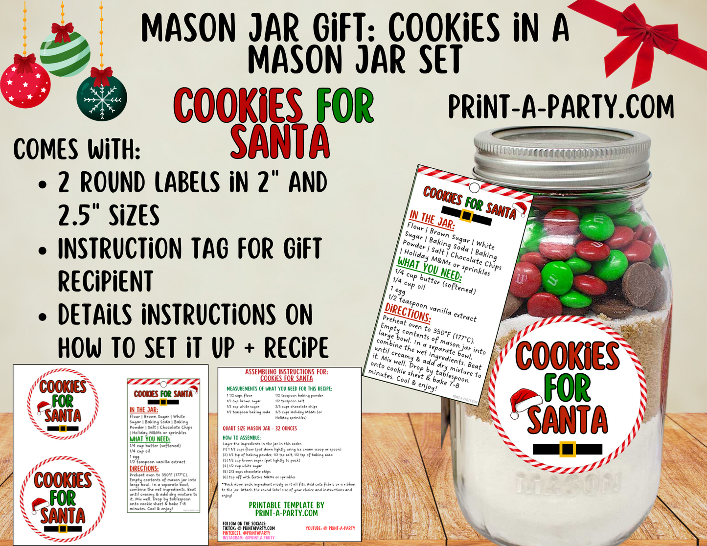 MASON JAR GIFT: Cookies for Santa - Mason Jar Printable Kit - DIY gift idea for Christmas Eve traditions!