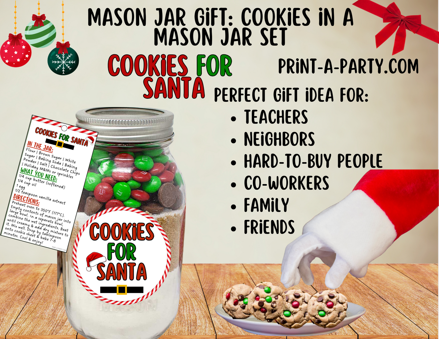 MASON JAR GIFT: Cookies for Santa - Mason Jar Printable Kit - DIY gift idea for Christmas Eve traditions!