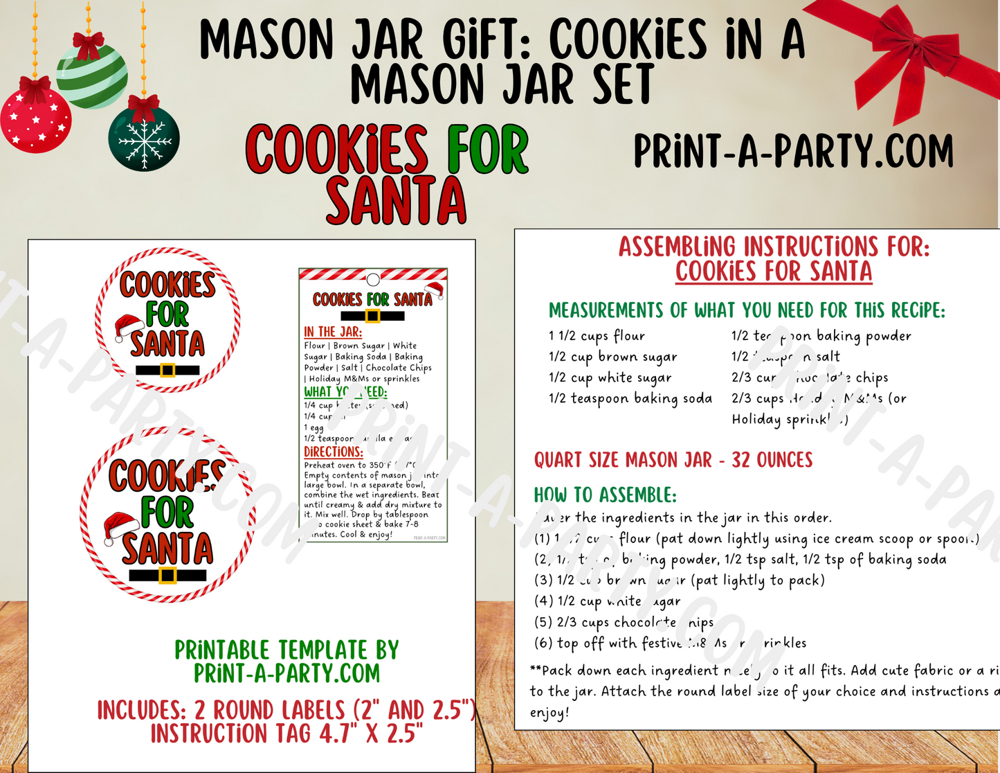 MASON JAR GIFT: Cookies for Santa - Mason Jar Printable Kit - DIY gift idea for Christmas Eve traditions!