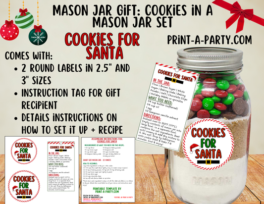 MASON JAR COOKIE GIFT: Cookies for Santa in a Mason Jar | Cookies in a jar gift | Mason Jar Gift Kit | Christmas Eve Cookies for Santa