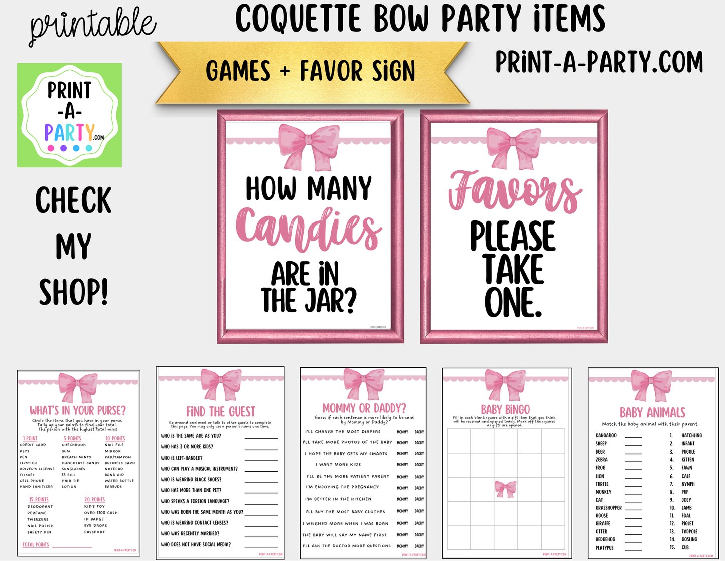 Pink Coquette Bow Candy Jar Game Printable Sign (8x10) & Guessing Cards for parties and showers