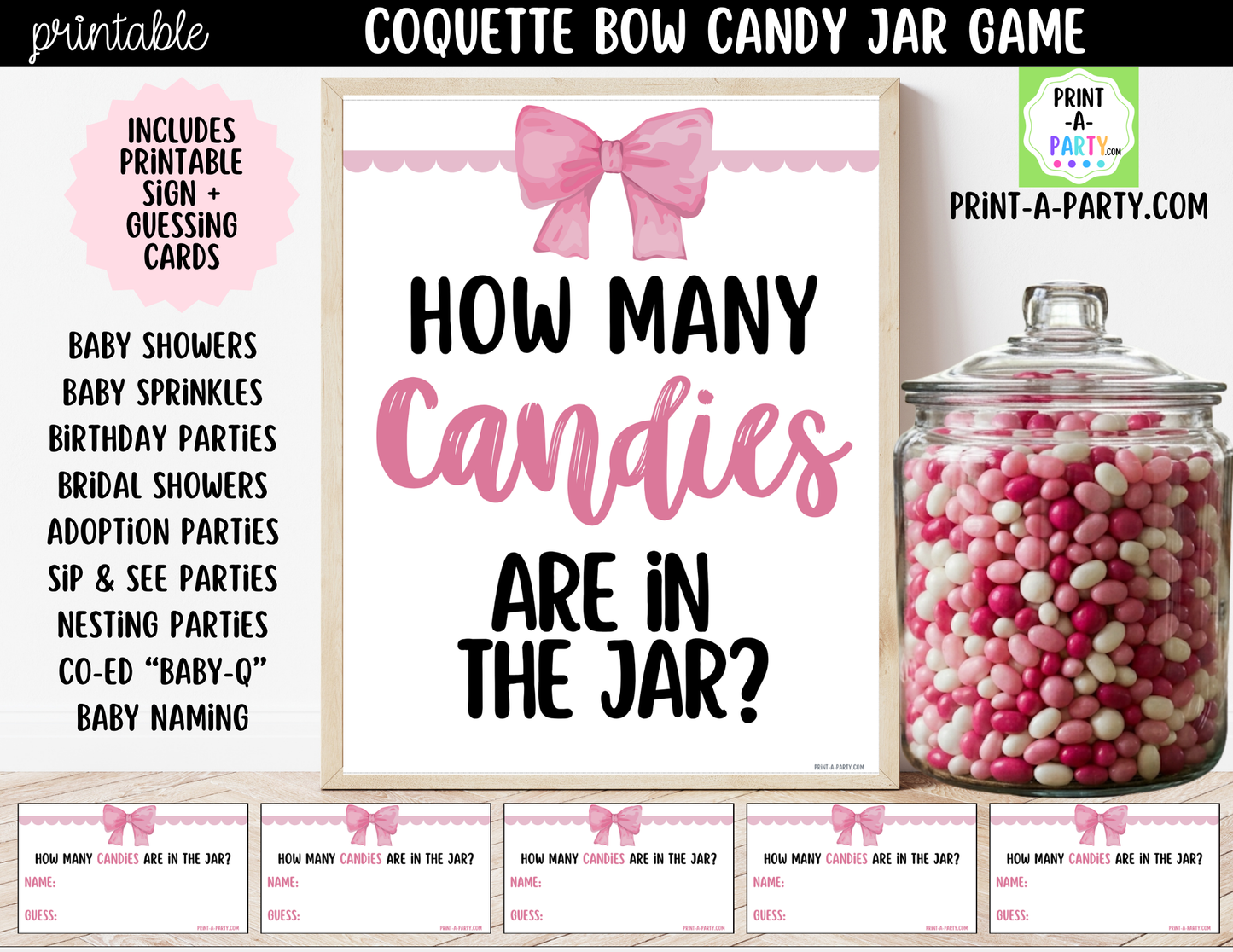 Pink Coquette Bow Candy Jar Game Printable Sign (8x10) & Guessing Cards for parties and showers